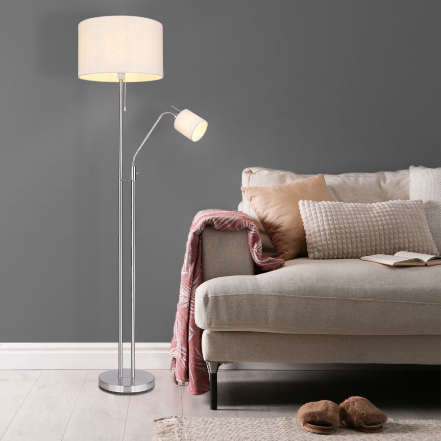 Floor lamp, living room, sand-colored, uplighter with reading lamp